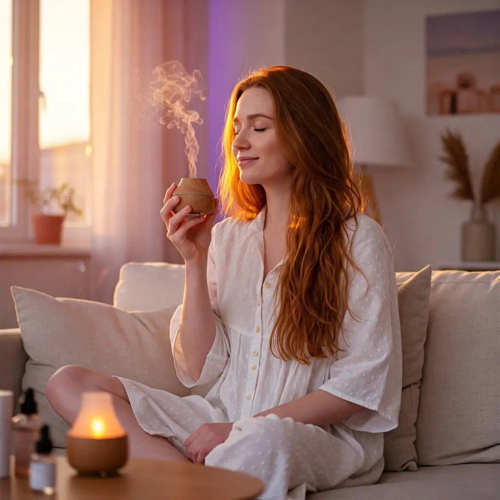 Mujer disfrutando de los aromas de la aromaterapia con difusor y aceites esenciales.