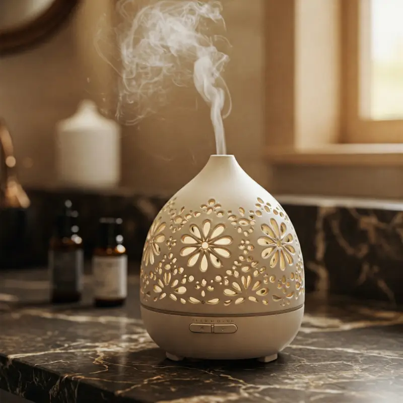 Difusor de aromaterapia de cerámica con patrones florales emitiendo niebla fragante.