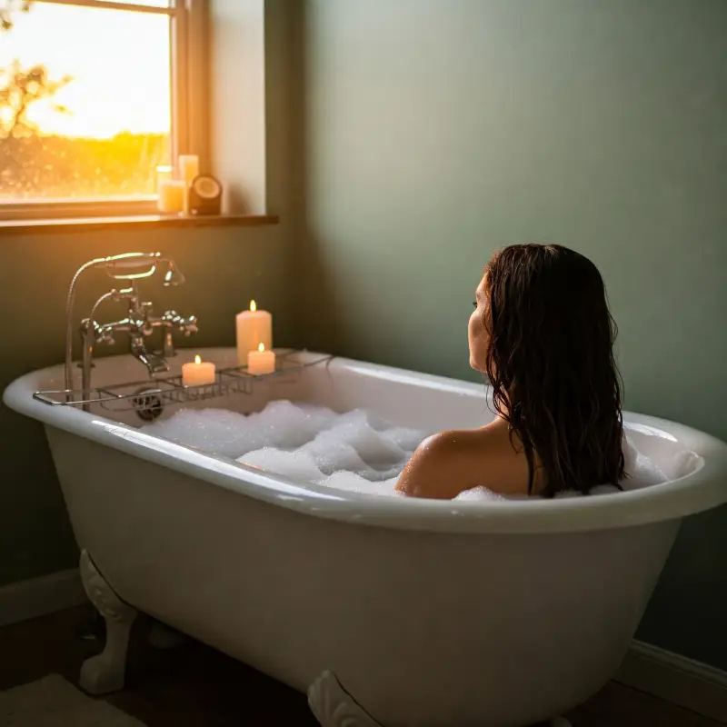 Mujer relajándose en una bañera llena de burbujas con velas y luz del atardecer.