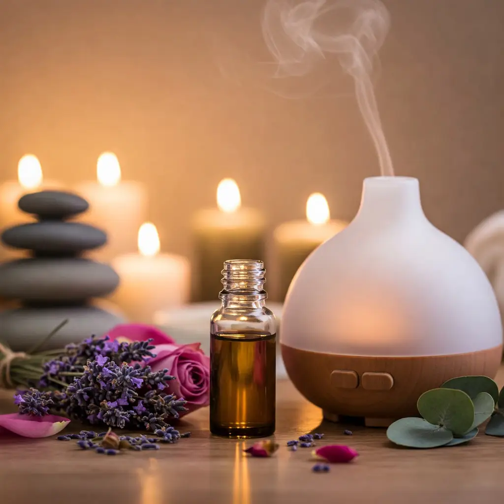 Imagen de aromaterapia con aceites esenciales, difusor, flores de lavanda y velas.
