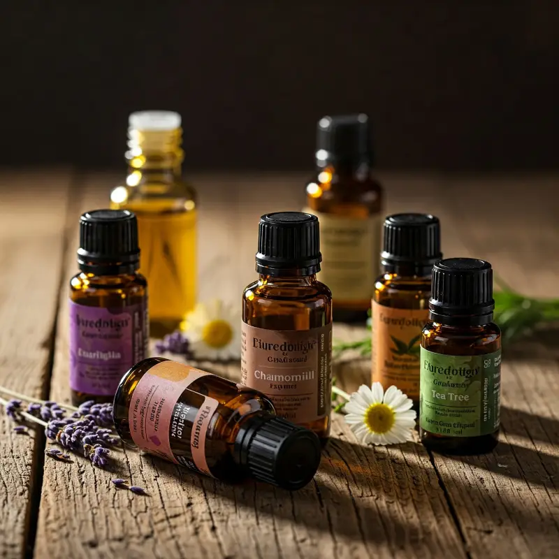 Botellas de aceites esenciales de lavanda, manzanilla y árbol de té sobre mesa de madera rústica.