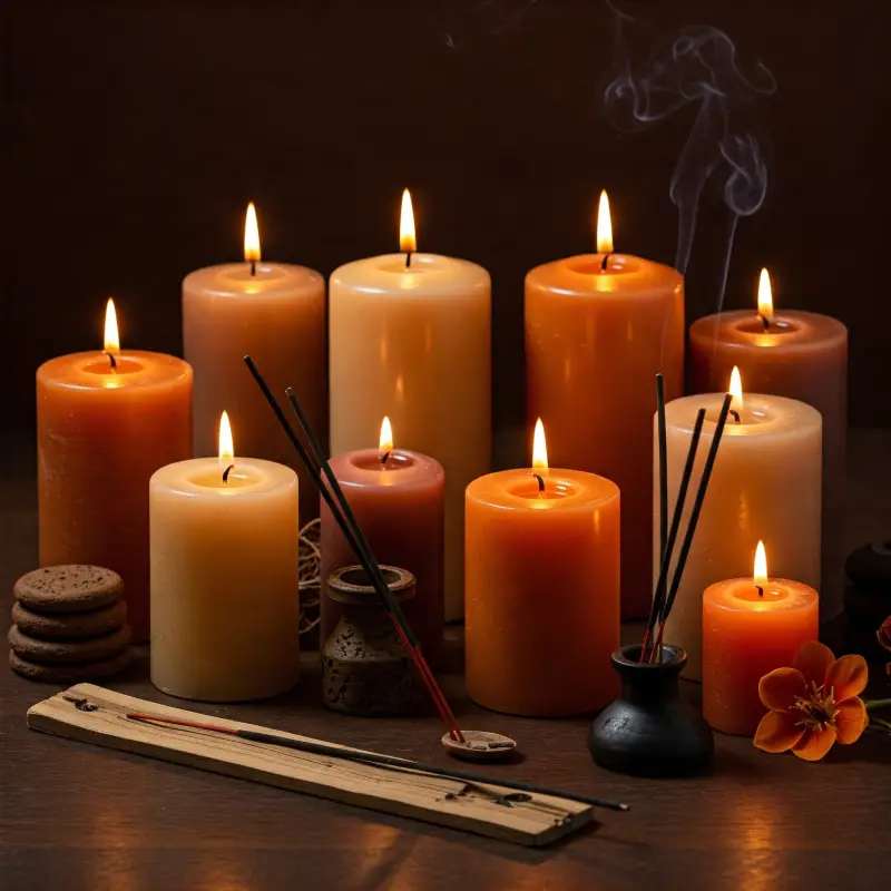 Velas aromáticas encendidas e incienso humeante sobre una mesa de madera.