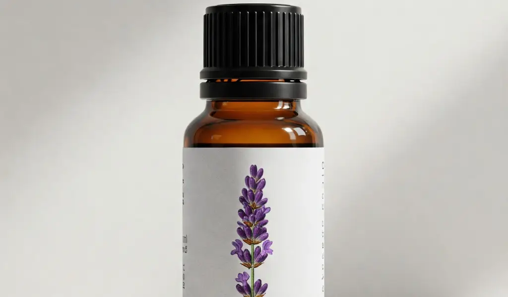 Botella de aceite esencial de lavanda sobre fondo neutro, ideal para uso seguro con mascotas