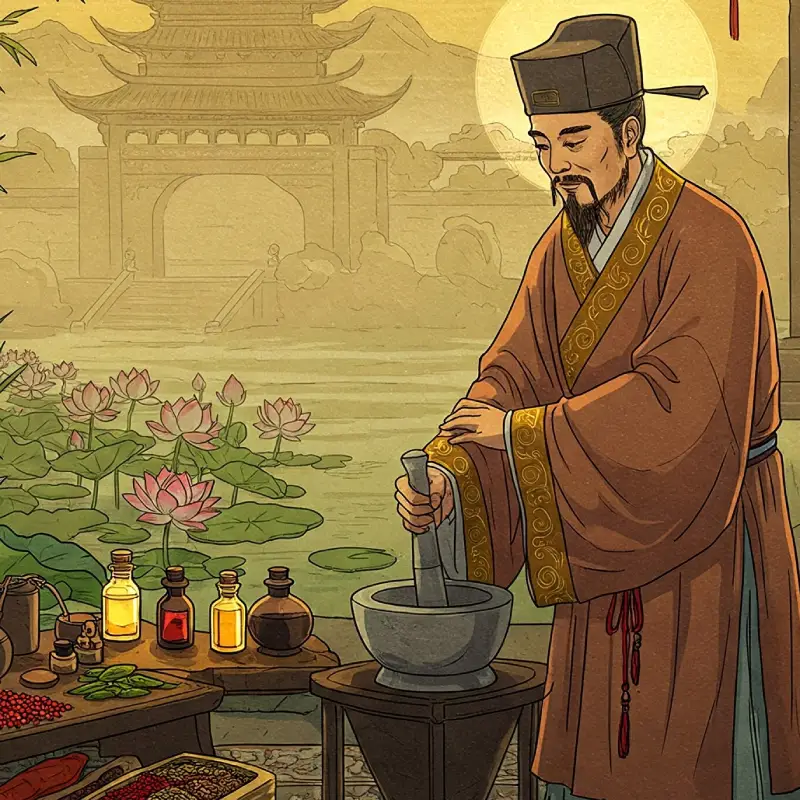 Escena de la antigua China con un hombre preparando esencias de hierbas en un jardín tradicional, representando los orígenes de la aromaterapia