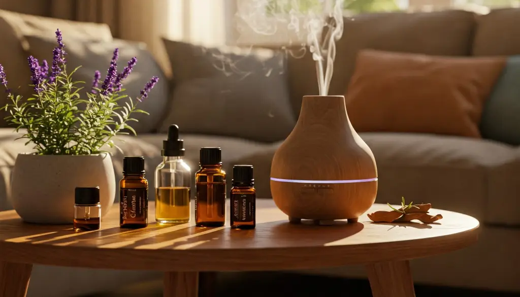 Aromaterapia en casa: difusor de aceites esenciales en una mesa con botellas de aceite y flores de lavanda.