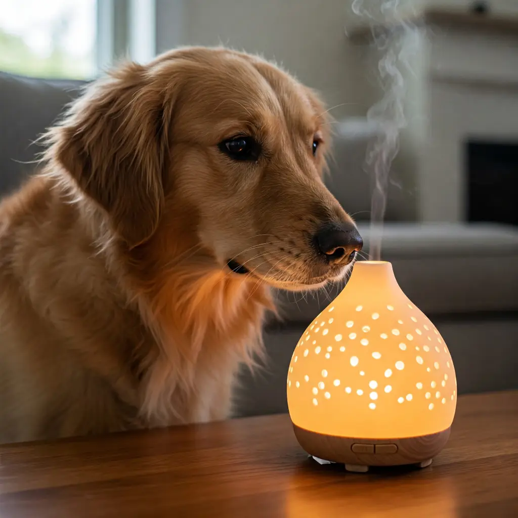 Aromaterapia en mascotas: perro golden retriever relajado junto a difusor y aceites esenciales.