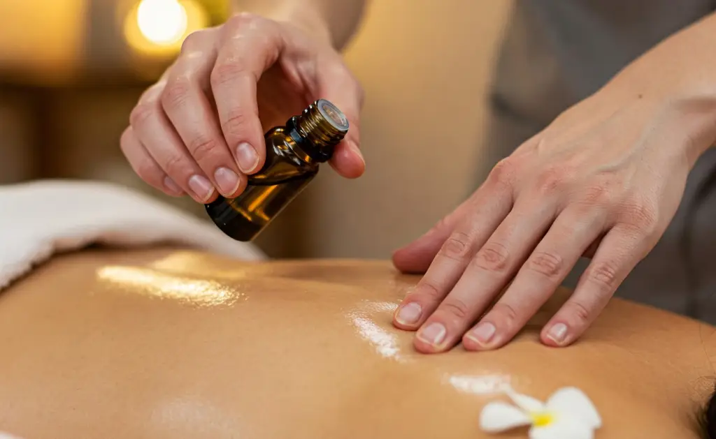 Aromaterapia en terapia física y masaje: manos aplicando aceite en la espalda de una persona sobre una camilla.