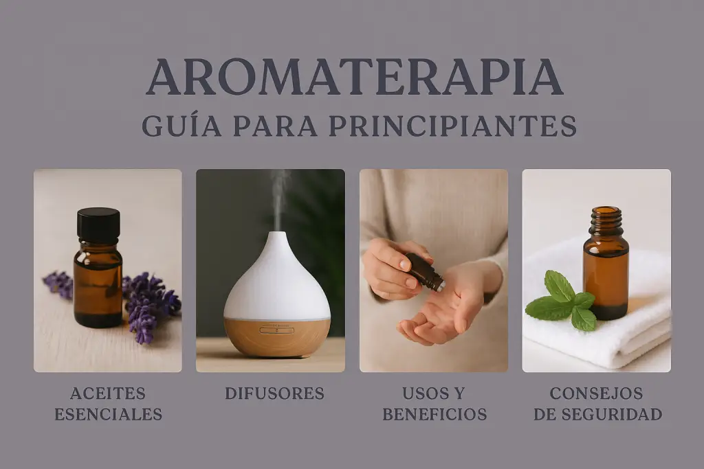 Infografía horizontal sobre aromaterapia para principiantes con imágenes reales de aceites esenciales, difusor, aplicación tópica y consejos de seguridad