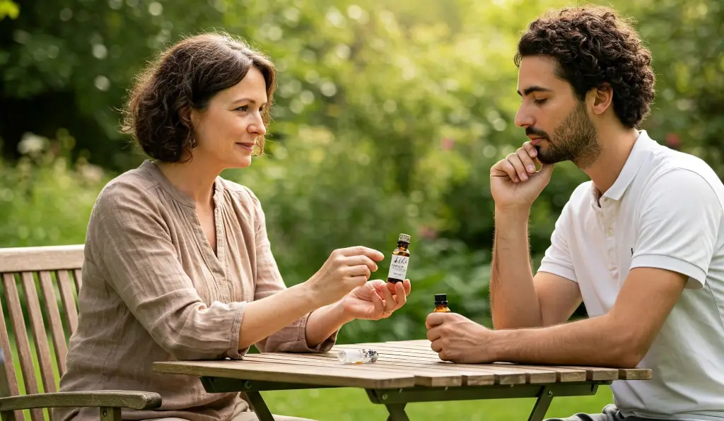 Dos personas sentadas junto a una mesa para hacer una sesión con flores de bach