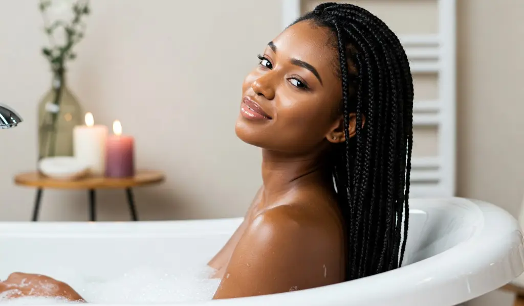 Mujer joven disfrutando de un baño de burbujas con velas encendidas, en un ambiente de relajación con aromaterapia.