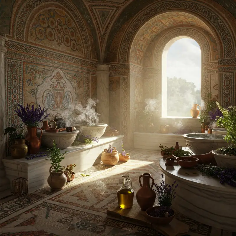 Interior realista de un baño romano con mosaicos, vapores de hierbas aromáticas y aceites esenciales.