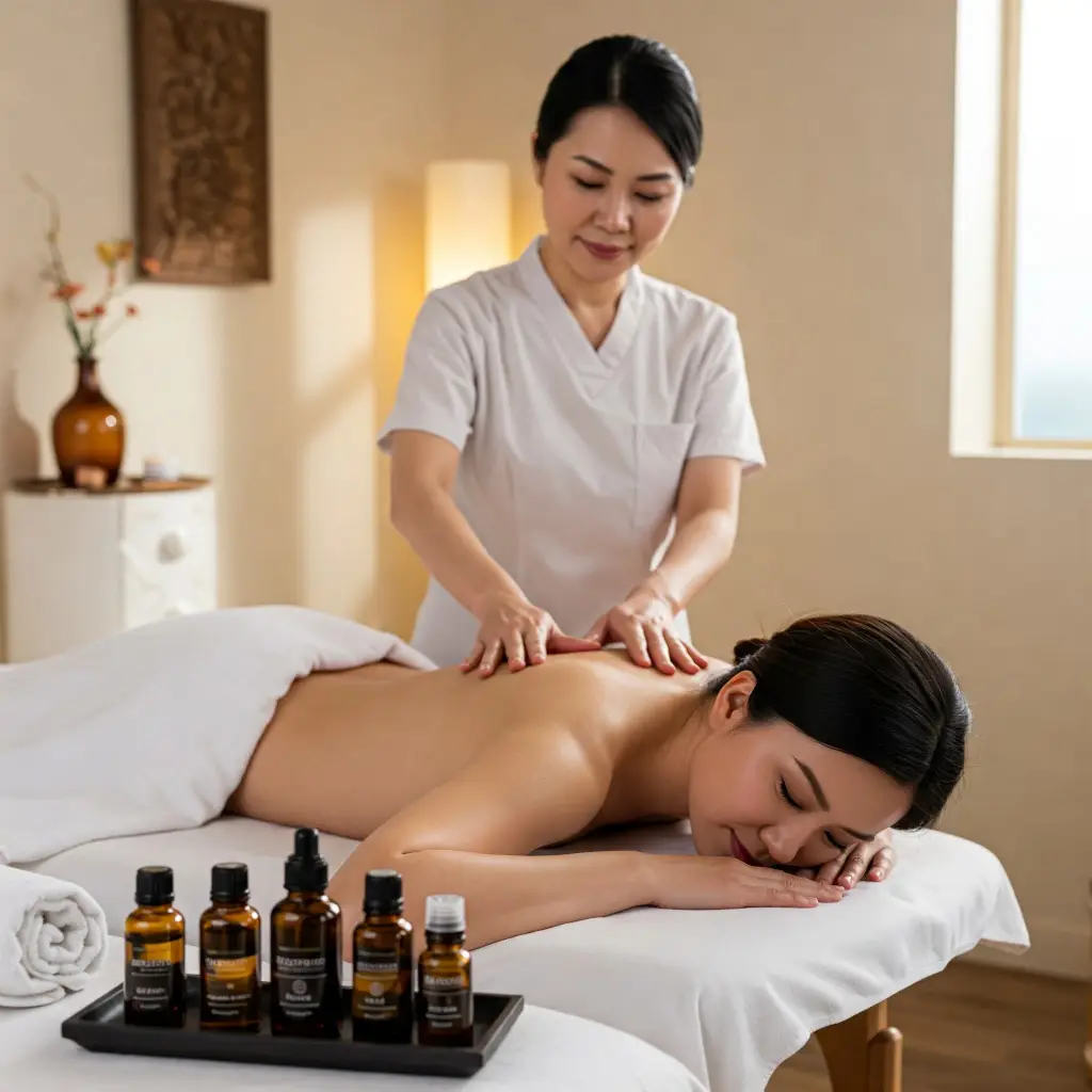 Una mujer asiática recibiendo los beneficios de la aromaterapia con un masaje de espalda con aceites esenciales en un ambiente de spa tranquilo.