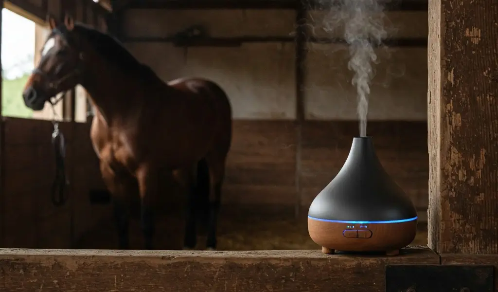 Aromaterapia en caballos: caballo tranquilo en cuadra con difusor ultrasónico