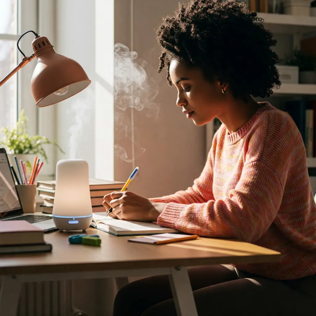 Chica joven estudiando en el escritorio de su casa con un difusor de aromaterapia encendido para mejorar su concentración.