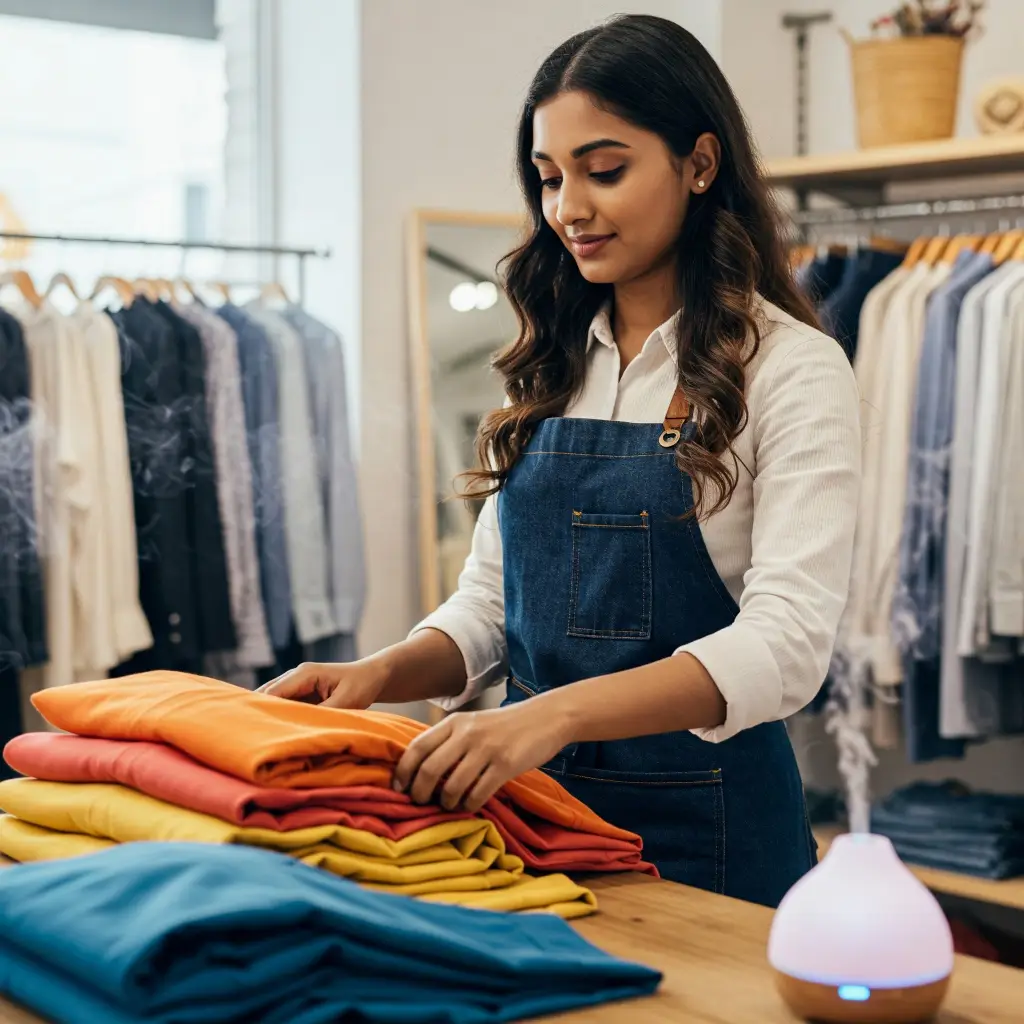 Joven chica india trabajando en una tienda de ropa con un difusor de aromaterapia encendido junto a ella