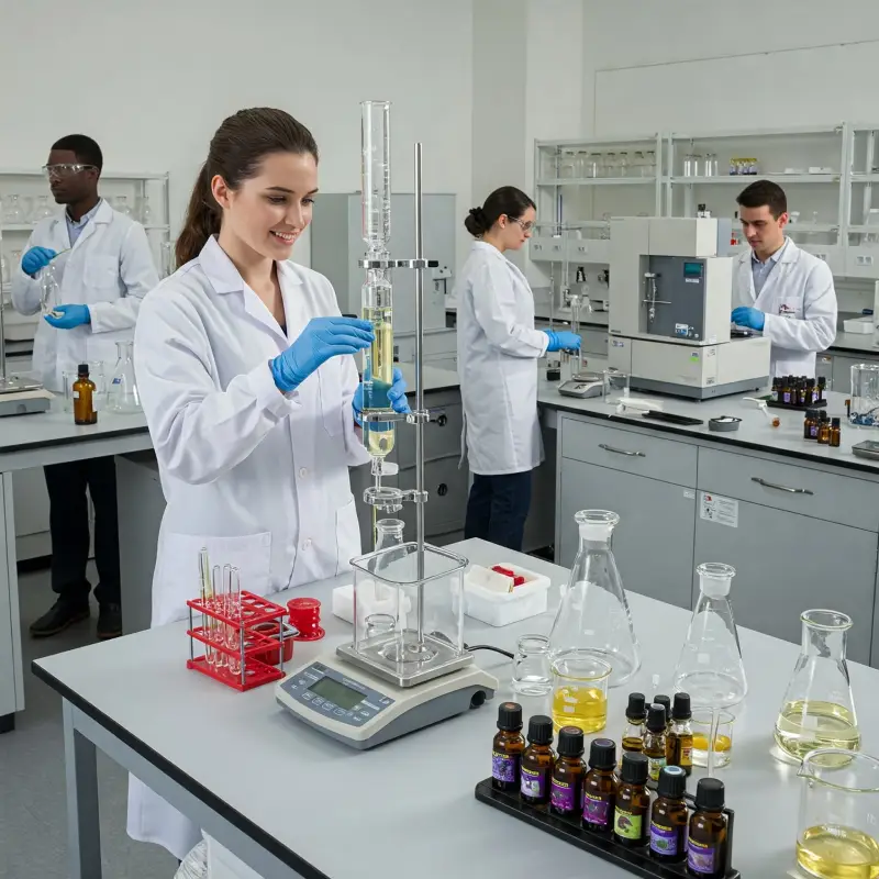 Grupo de científicos en laboratorio moderno analizando aceites esenciales con instrumentos de precisión