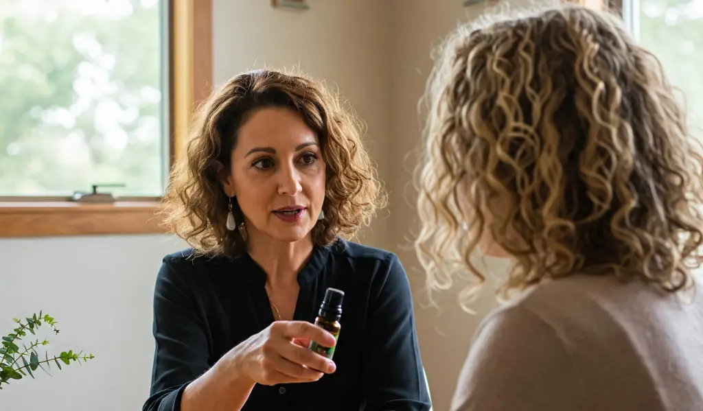 romaterapeuta explicando el uso de aceites esenciales a un cliente en una consulta luminosa.