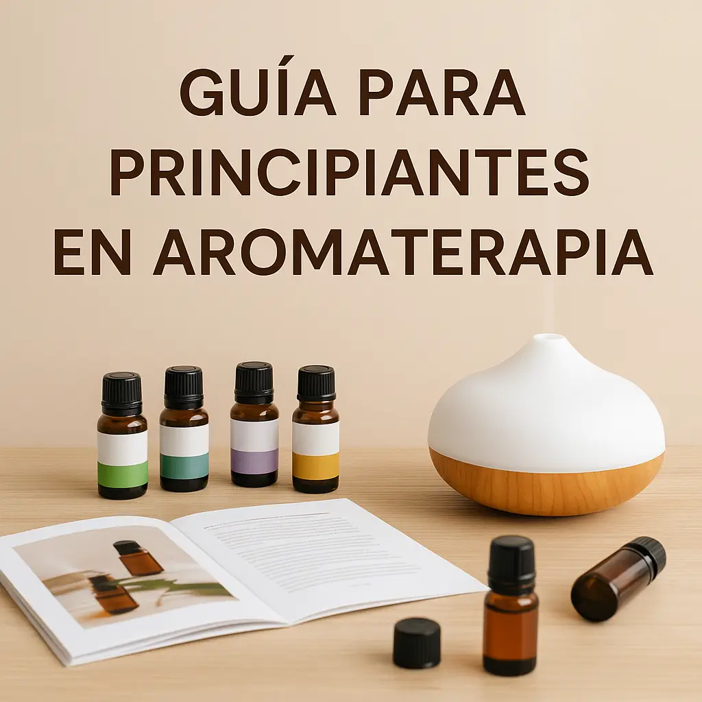 Difusor ultrasónico blanco, frascos de aceites esenciales, flores secas y vela encendida creando un ambiente acogedor de aromaterapia