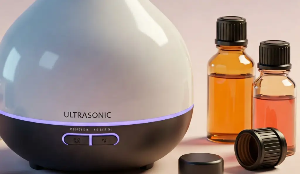 Difusor ultrasónico moderno con luz morada rodeado de frascos de aceites esenciales de distintos colores sobre una superficie clara.