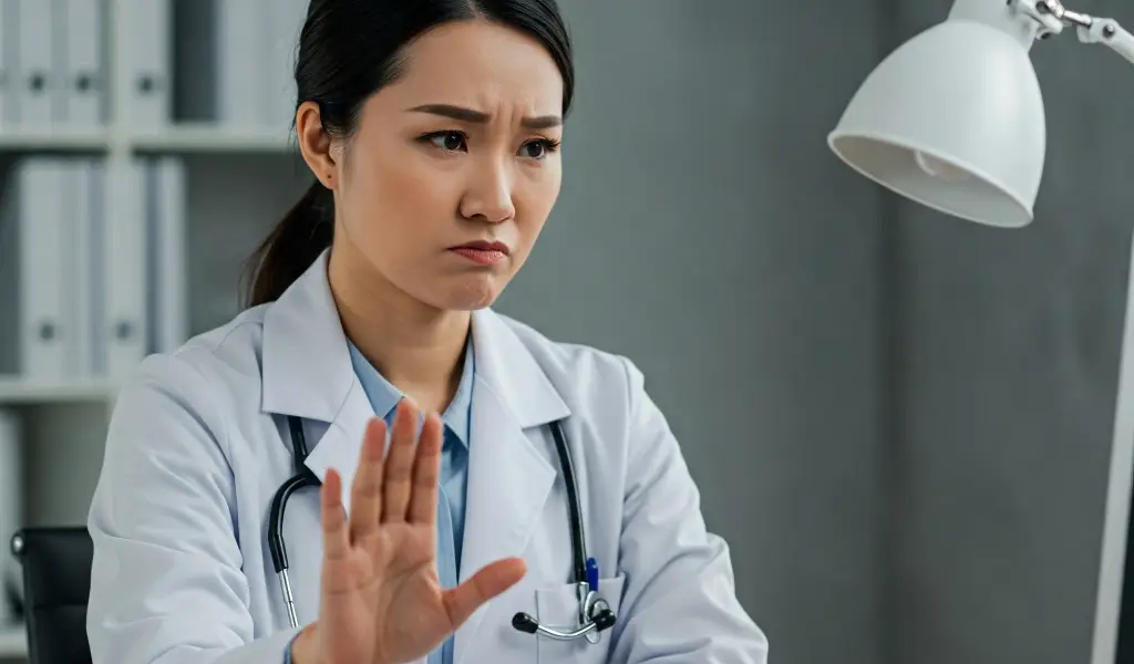 Doctora en consultorio médico con gesto de rechazo ante información sobre aromaterapia.
