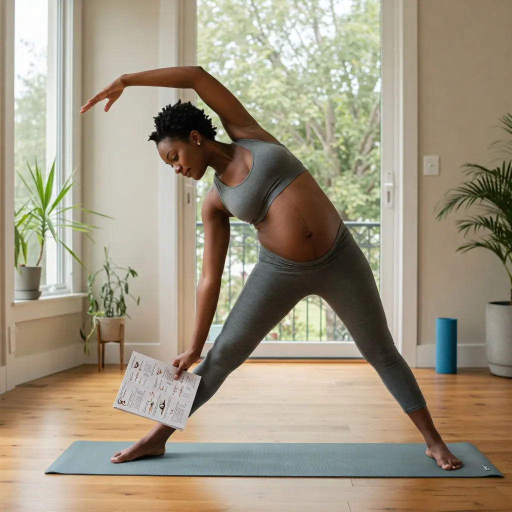 Mujer embarazada realizando yoga prenatal en un espacio interior luminoso, mostrando concentración y cuidado personal