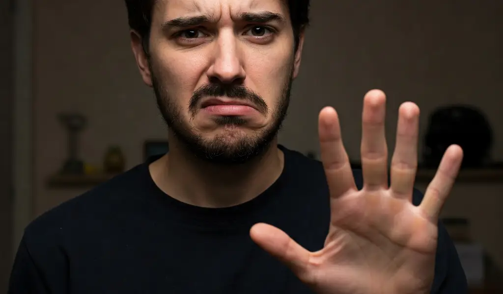 Joven rechazando algo con la mano levantada, simbolizando errores en el uso de aromaterapia.