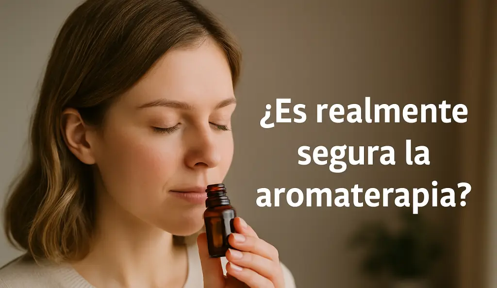¿Es segura la aromaterapia? Imagen conceptual con mujer pensativa y fondo natural.