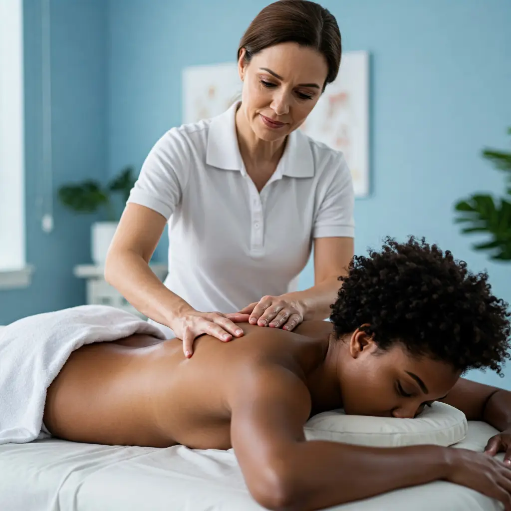 Fisioterapeuta aplicando un masaje a una clienta mientras utiliza aromaterapia para potenciar los beneficios de la sesión