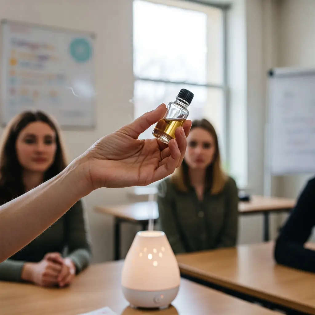 Guía para principiantes en aromaterapia. Clase de aromaterapia donde una mujer muestra un frasco de aceite esencial a estudiantes