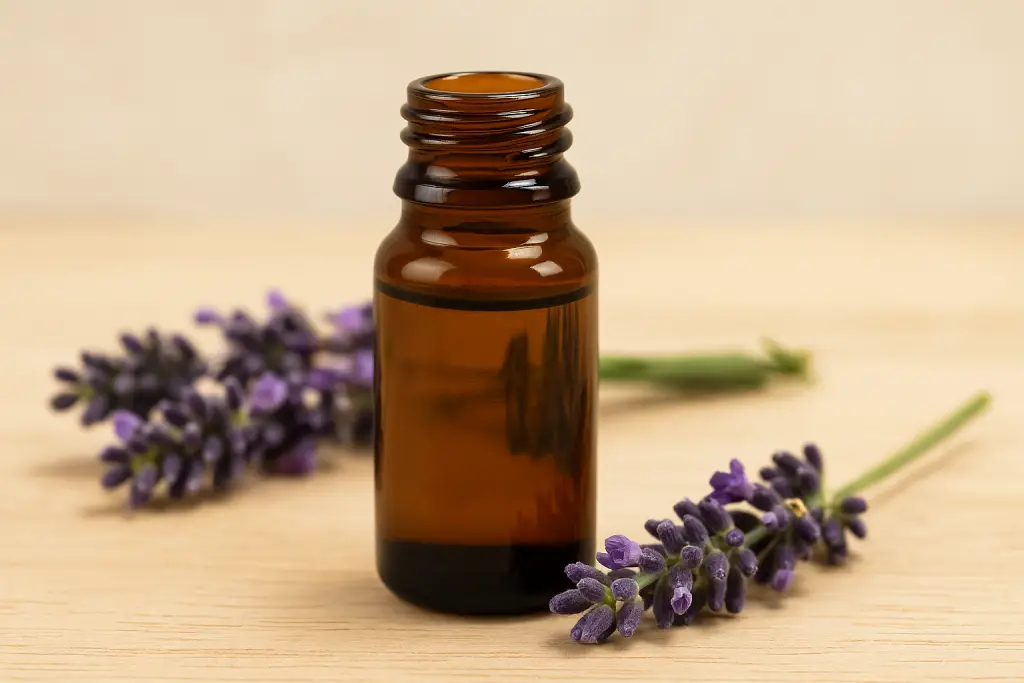 Frasco de aceite esencial de lavanda con flores frescas sobre fondo natural.