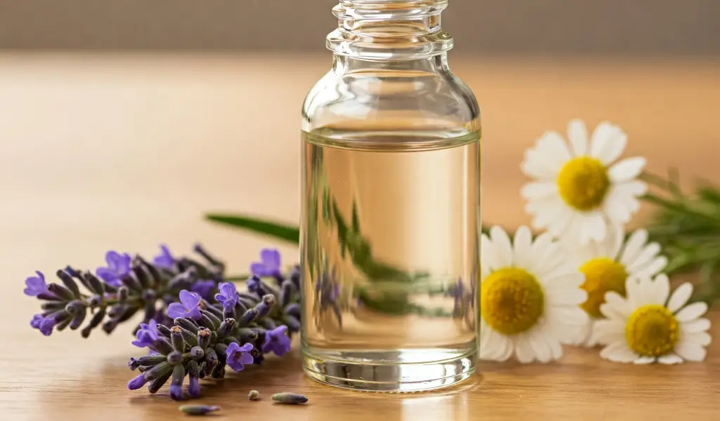 Frasco de vidrio con aceite esencial junto a flores de lavanda y manzanilla sobre una mesa de madera clara