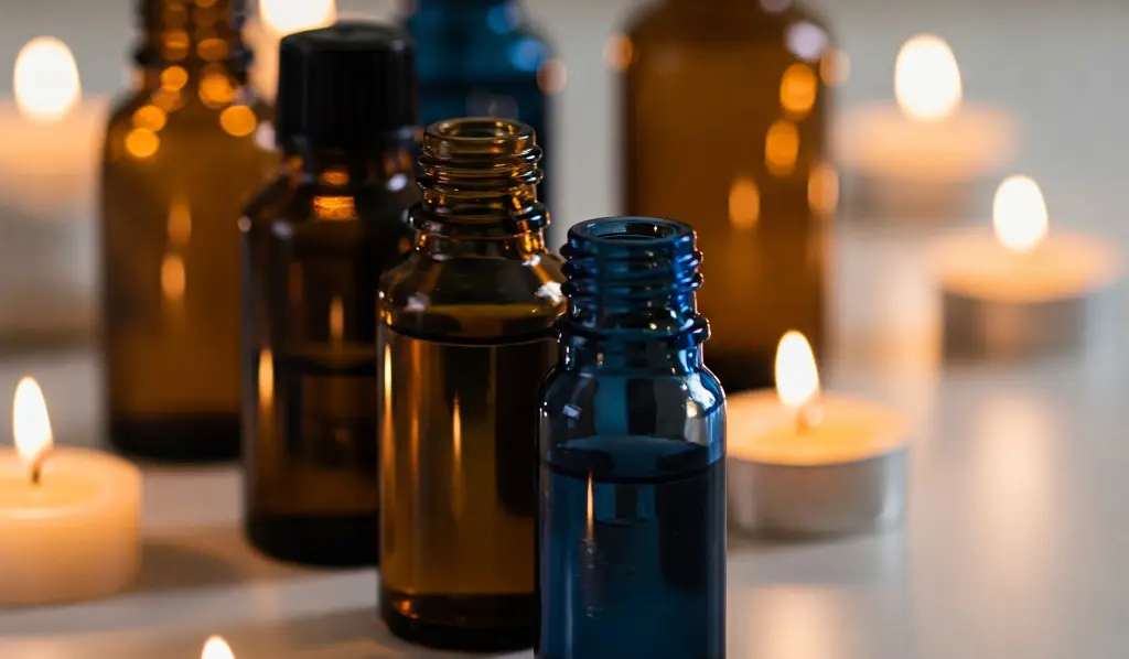 Frascos de aceites esenciales con velas encendidas en un ambiente iluminado y sereno.