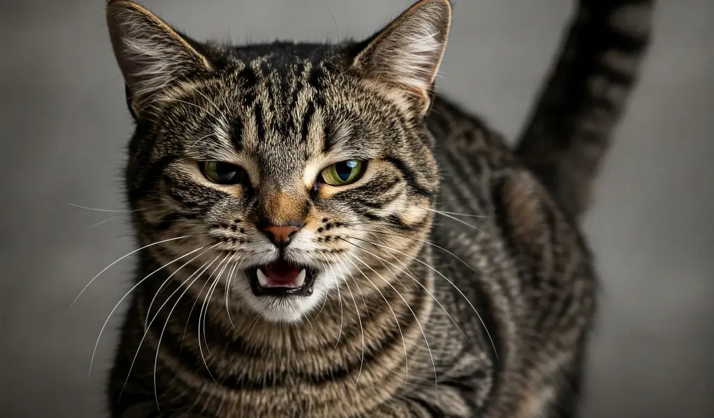 Gato atigrado de pelaje corto en postura tensa y amenazante sobre fondo gris oscuro.