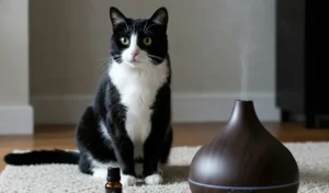 Gato blanco y negro en una alfombra clara junto a un difusor de aromaterapia para gatos