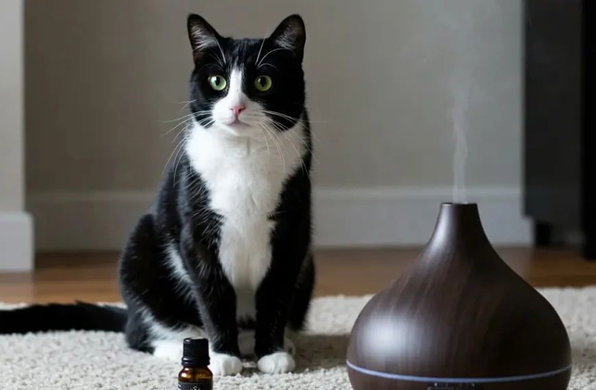 Gato blanco y negro en una alfombra clara junto a un difusor de aromaterapia para gatos