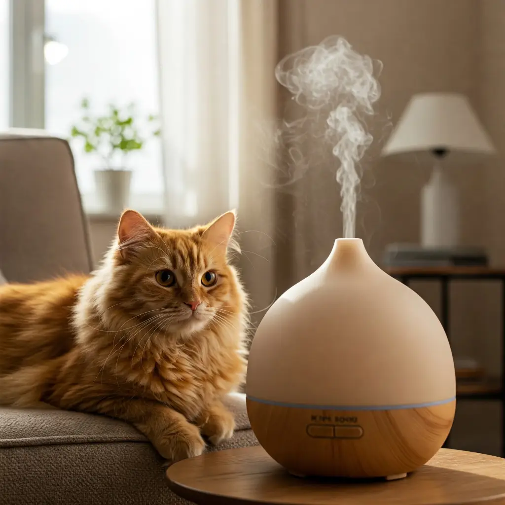 Gato naranja y blanco relajado en un sofá junto a un difusor de aromaterapia en un ambiente hogareño y luminoso