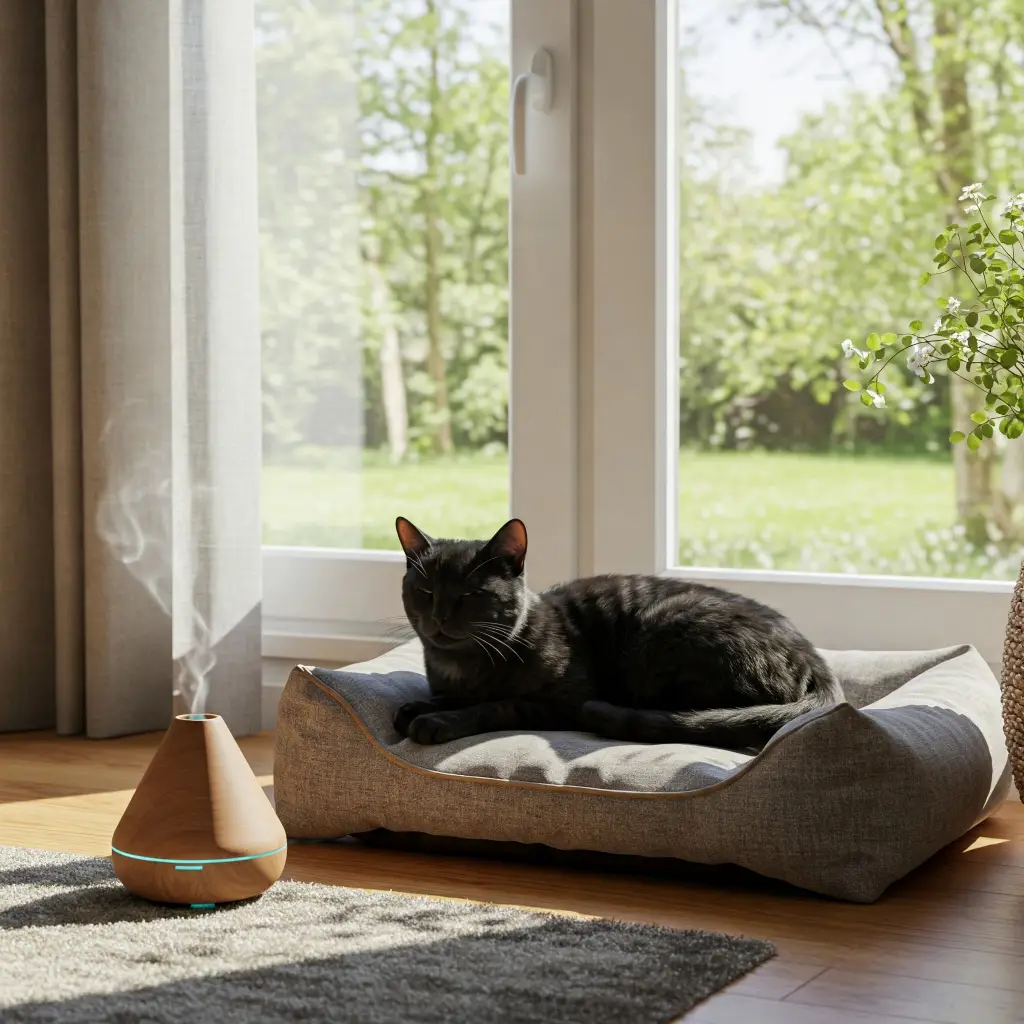 Gato negro descansando plácidamente junto a un difusor de aromaterapia en un ambiente tranquilo y luminoso