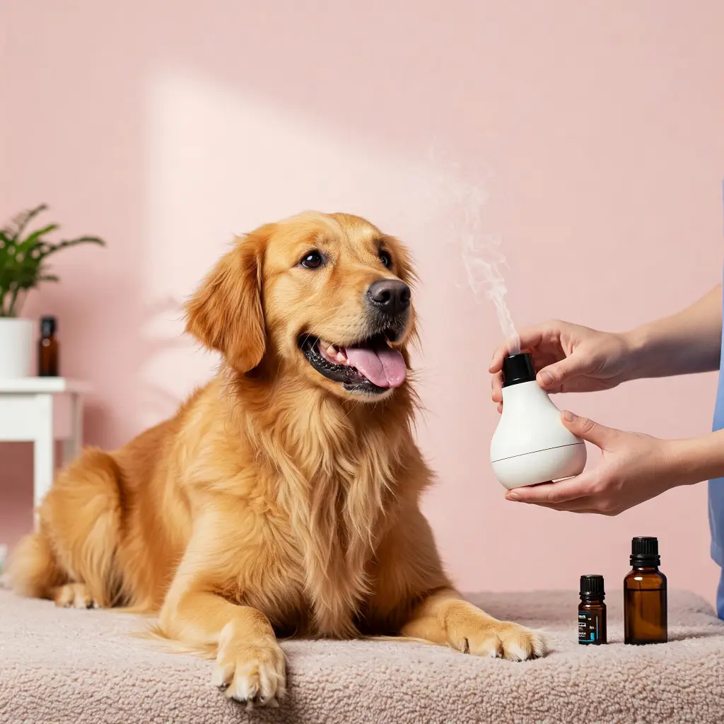 Golden retriever relajado en camilla con difusor de aromaterapia y aceites esenciales.