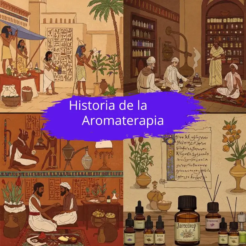 Representación visual de la historia de la aromaterapia desde el Antiguo Egipto, la India, la Europa Medieval hasta la práctica moderna