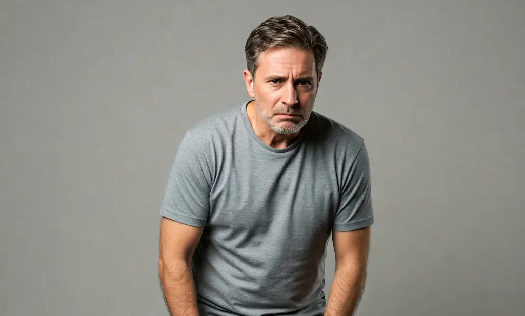 Un hombre de mediana edad, de cuerpo entero, con una expresión de preocupación y agotamiento.