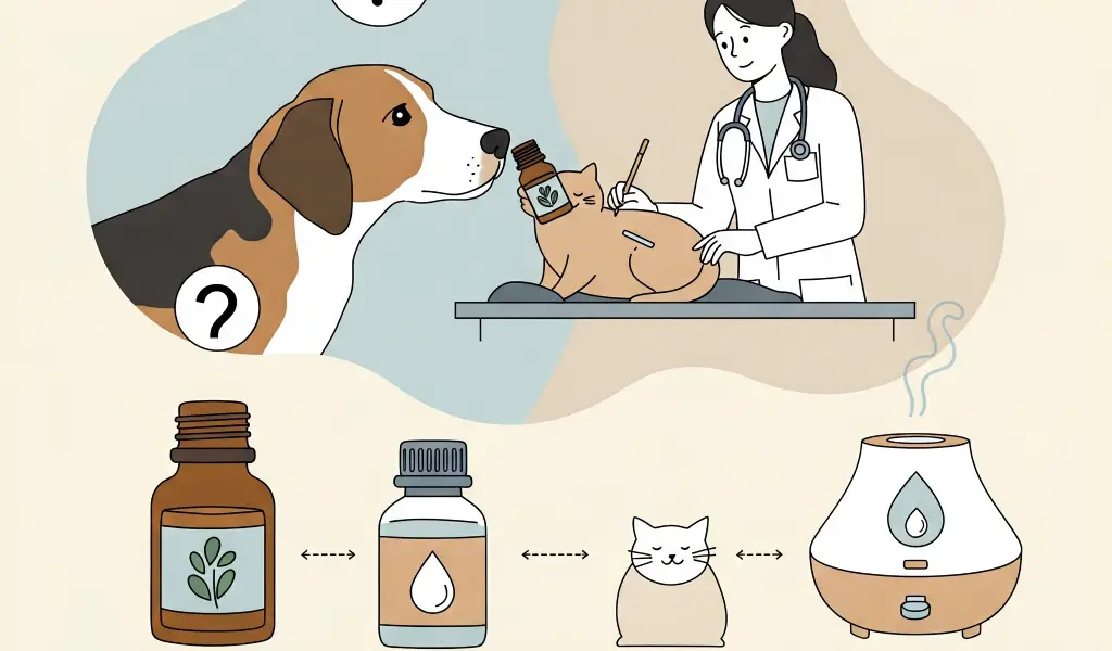 Aceites esenciales en animales: infografía minimalista con consejos visuales sobre aromaterapia responsable para mascotas