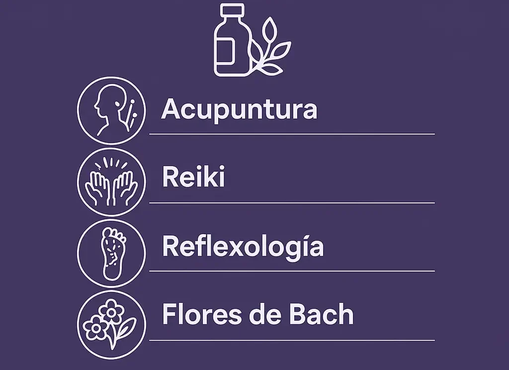 Infografía en formato cuadrado con fondo púrpura que muestra terapias complementarias compatibles con la aromaterapia, como reiki, acupuntura, reflexología, flores de Bach y reiki