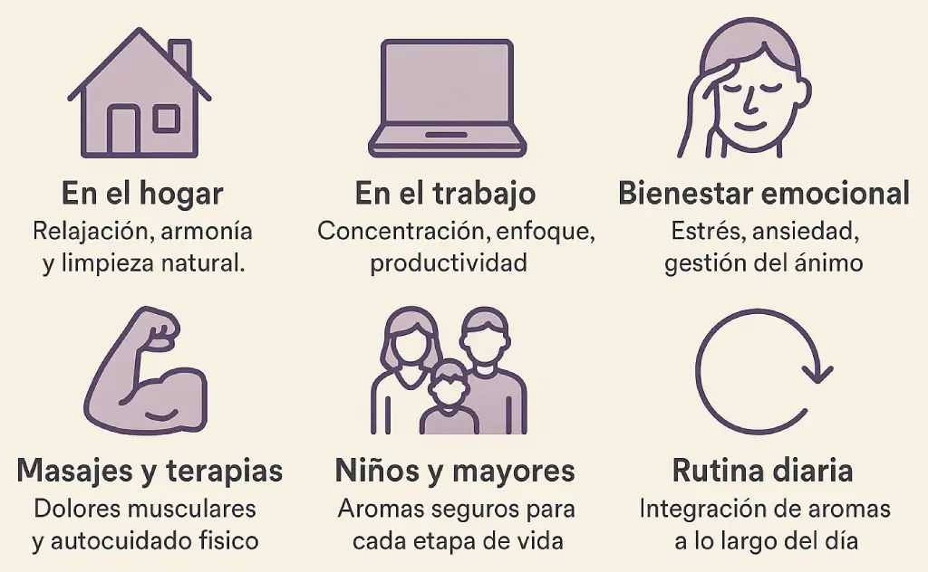 Una infografía con los usos más comunes de la aromateraria.