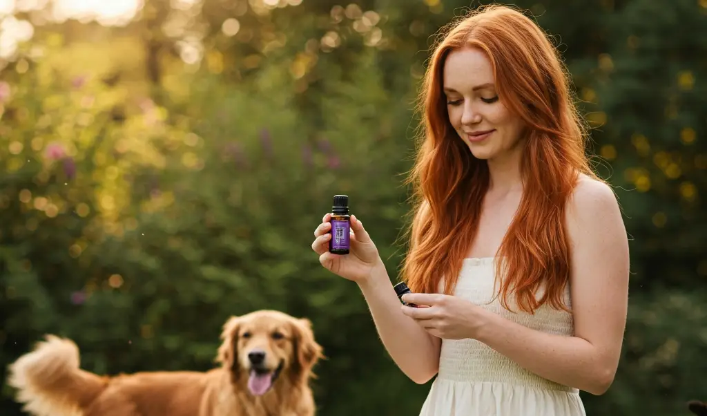 Aceites esenciales en animales: mujer joven sostiene aceite de lavanda mientras su perro disfruta de un momento de calma