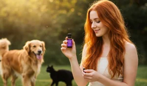 Aceites esenciales en animales: mujer joven con aceite de lavanda en una escena tranquila con perro y gato relajados