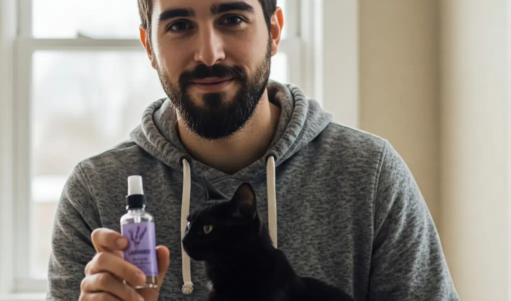 Aceites esenciales en animales: joven con hidrosol de lavanda junto a su gato negro en un momento de calma y conexión