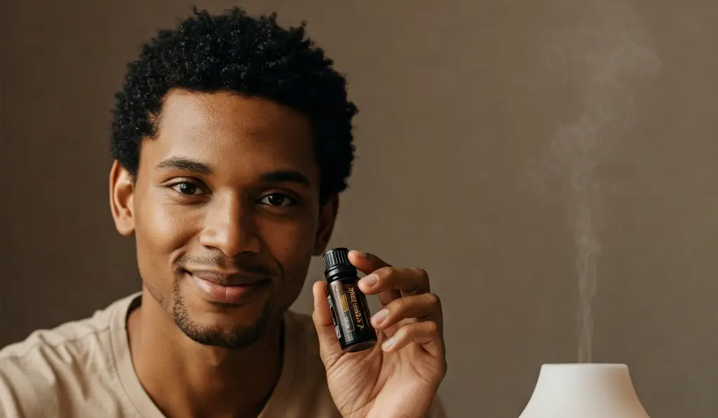 Joven con frascos de aceites esenciales y difusor en funcionamiento.