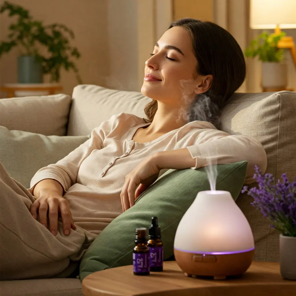 Joven recostada en un sofá disfrutando de los beneficios de la aromaterapia en un ambiente cálido y hogareño