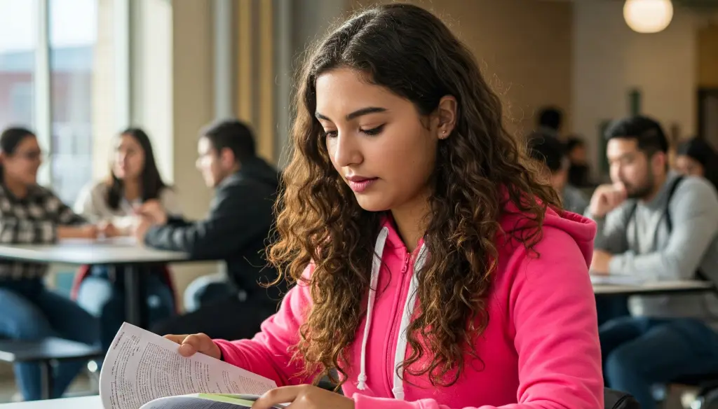Una joven universitaria de cabello rizado castaño, vestida con una sudadera rosa con capucha y vaqueros azules, está sentada a una mesa blanca estudiando concentradamente un libro abierto.