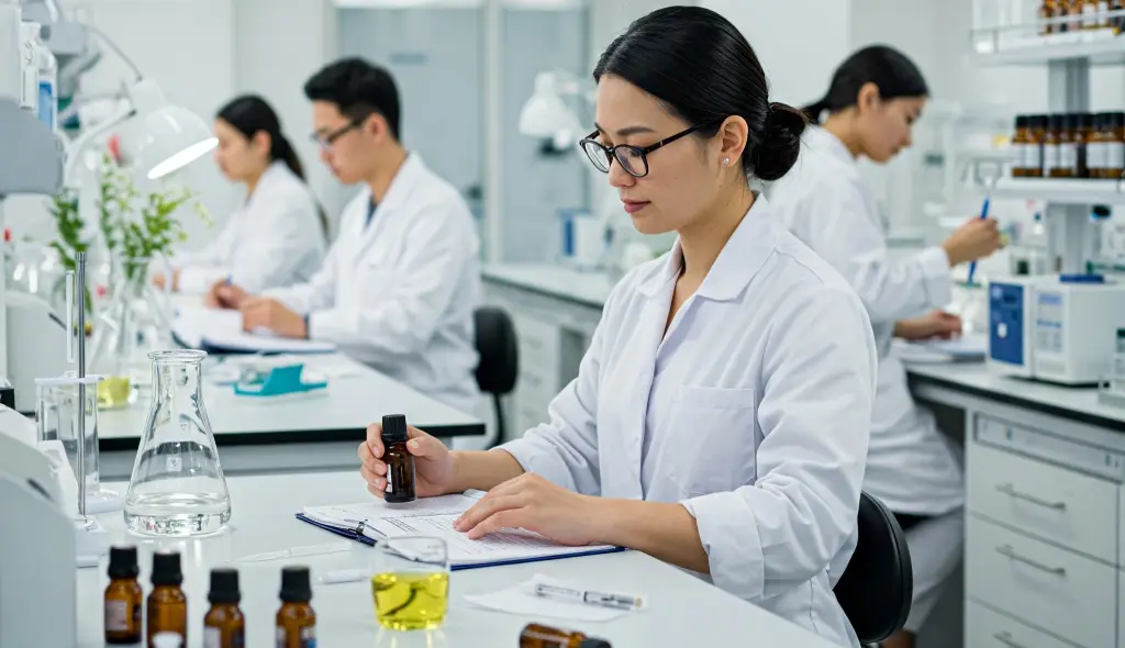 Un laboratorio moderno y luminoso con varios científicos en batas blancas trabajando en diferentes experimentos relacionados con la aromaterapia. Se observan equipos científicos avanzados, frascos con aceites esenciales, plantas y documentación sobre las mesas de trabajo.